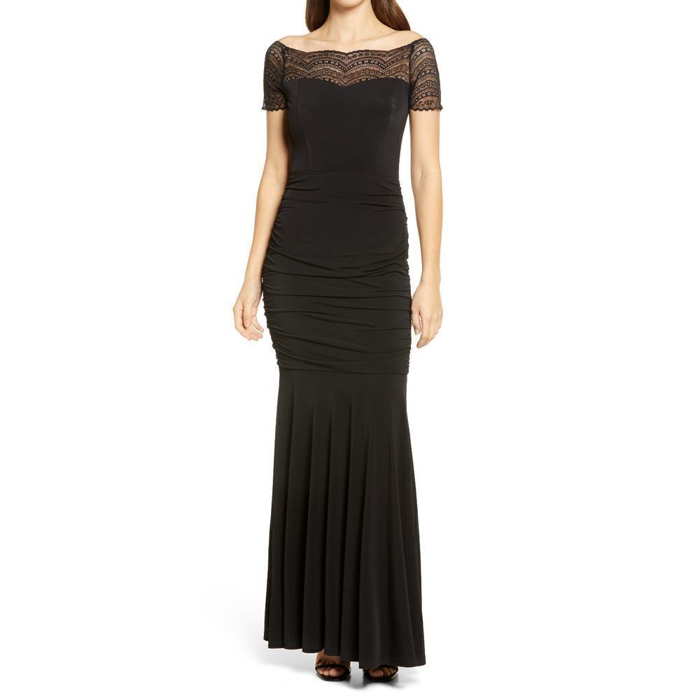 Lulu's Black Lace Off-the-Shoulder Ruched Maxi Gown